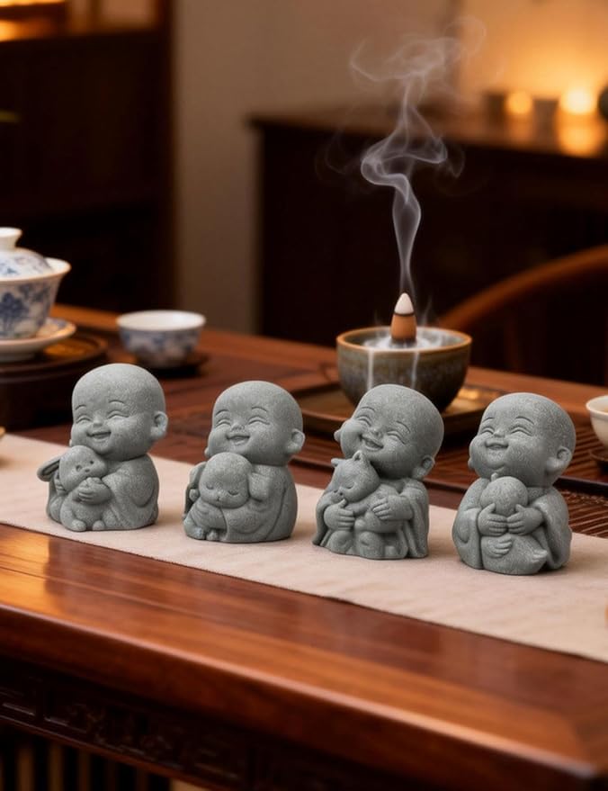 4PCS Buddha Statue, Laughing Buddha Bring Good Luck, Cute Small Zen Monk Feng Shui Decor, Sandstone Sculptures for Home and Aquarium Decor