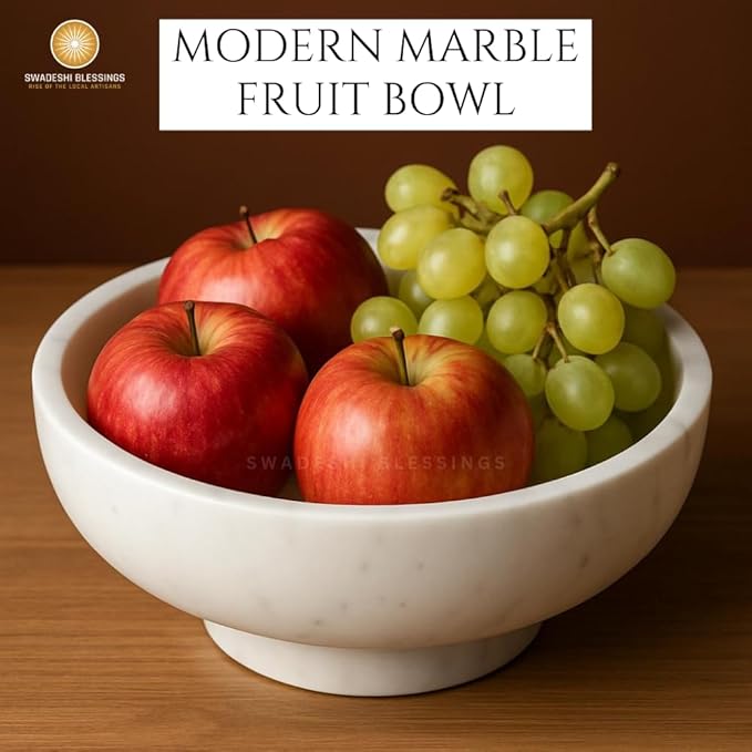 SWADESHI BLESSINGS Handcrafted Large Decorative Bowl for Home Decor, Marble Fruit Bowl for Kitchen Counter, Key Bowl for Entryway Table, Marble Pedestal Bowl for Dining Table Centerpiece Decor, 10.5”