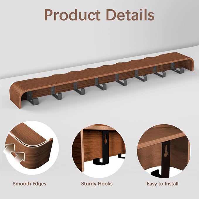 Coat Rack Wall Mount with Hidden Hooks, Wall Hooks with Shelf, Wall Key Holder Mount Wooden Shelf Entryway Hooks for Bedroom Bathroom for Hanging Coats Hats Bags Towels (Walnut Wave-Shape, 8 Hooks)