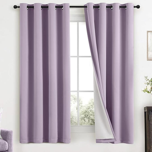 Yakamok Lilac 100% Blackout Curtains 63 Inches Long with 2 Thick Layers-Light Purple Room Darkening Thermal Insulated Window Curtain Set of 2 Panels for Bedroom Living Room 52x63 Inches,Lavender