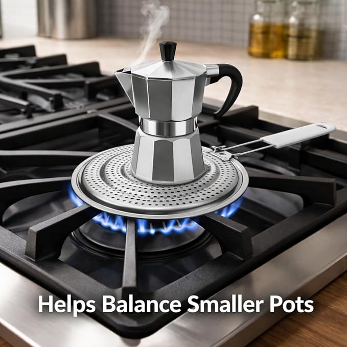 HIC Kitchen Heat Diffuser Reducer Flame Guard With Removable Handle, Stainless Steel, Distributes Heat Evenly And Reduces Scorching, For Gas Electric Glass Stovetops, 8.25-Inch