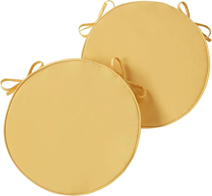 Set of 2 Outdoor 18 inch Round Patio Dining Chair Pads – Comfortable Fiber-Filled Seat Cushions with Ties, Reversible Polyester Fabric, Sunbeam