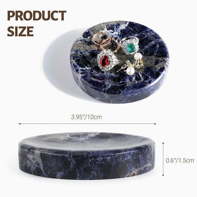 Koville Marble Jewelry Dish, Small Round Trinket Dish for Ring Necklace Earring, 4" Decorative Dish, Natural Stone Soap Dish for Bathroom Kitchen