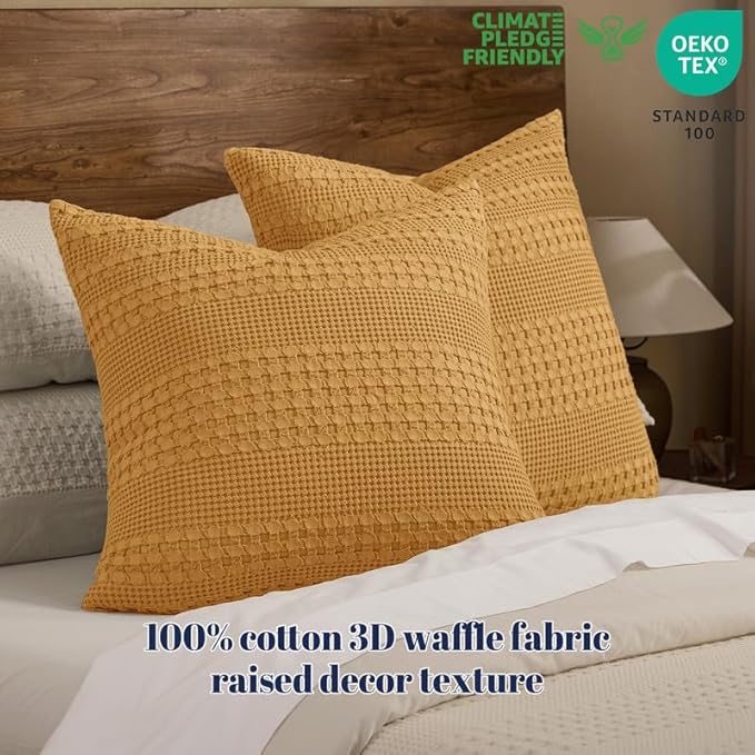 PHF 100% Cotton Waffle Weave Euro Sham Covers, 2 Pack 26" x 26" Bed Pillow Covers for Elegant Home Decor, No Filling, Luxury Aesthetic Soft Euro Pillow Cases for Bed, Pumpkin Orange