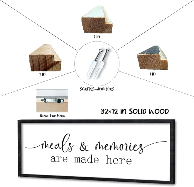 Surfapans Meals and Memories Are Made Here Sign Wall Art Decor 32"x12" for Kitchen Dining Room Large Wooden Framed Wall Hanging (Black)