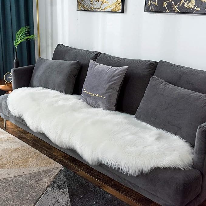 Carvapet Faux Sheepskin Rug Runner - Plush Fur Couch Pad Covers for Sofa, White Shaggy Decorative Area Rugs for Bedroom Bench 2ft x 6ft
