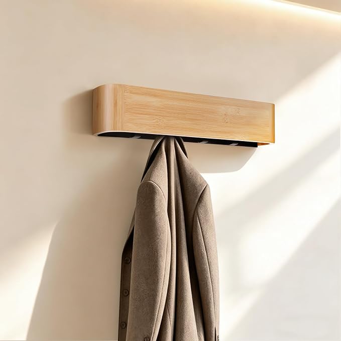 16" Bamboo Coat Rack Wall Mount, 4 Hidden Hooks, Compact, Natural | Solid Bamboo Shelf, 4 Heavy Duty Steel Hooks 44 lbs Each, Entryway Bathroom Bedroom Kitchen, Paper Template Easy Install