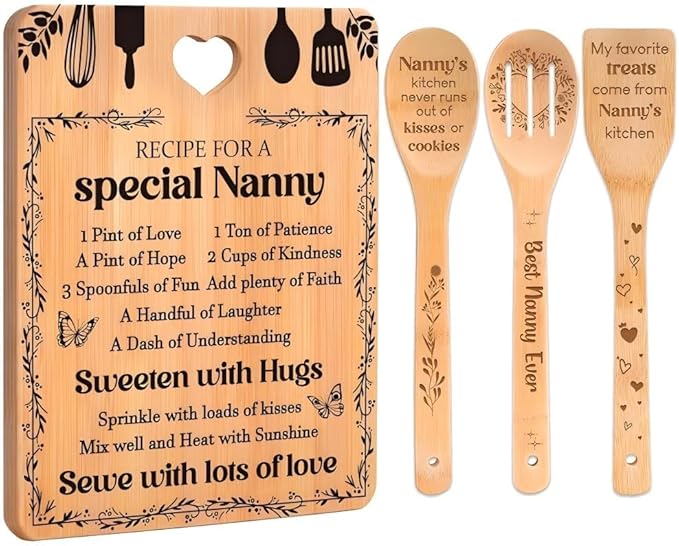 Gifts for Nanny - "Recipe for a Special Nanny" Nanny Gifts Cutting Board Set, Bamboo-Made Engraved Utensil Set Nanny Gifts for Grandma, Mothers Day Gifts for Nanny