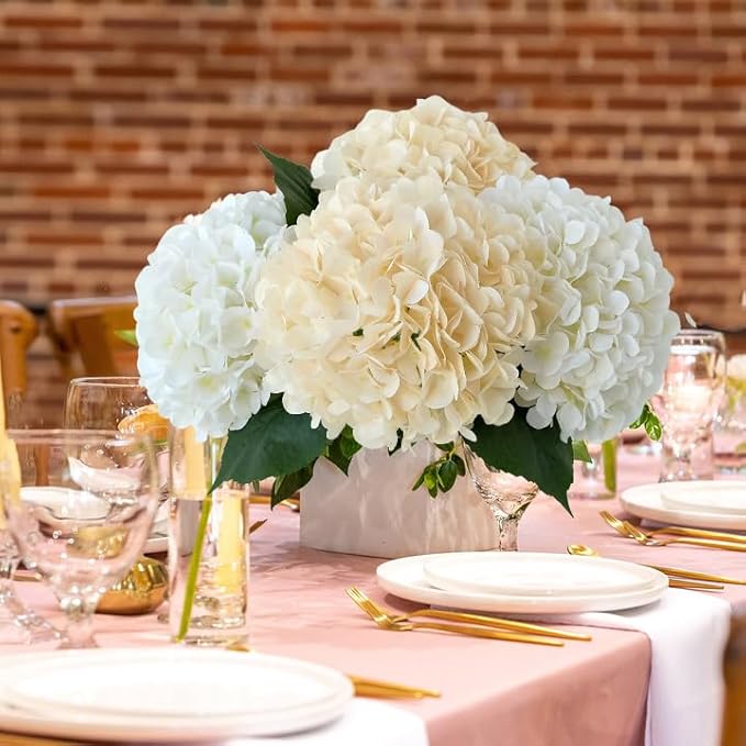 JINWOE Boho Silk Hydrangea Artificial Flowers, 4Pcs 22" Large Lifelike Flowers,Artificial Hydrangeas for Indoor Bouquet Table Centerpieces Home（Cream/Yellow）