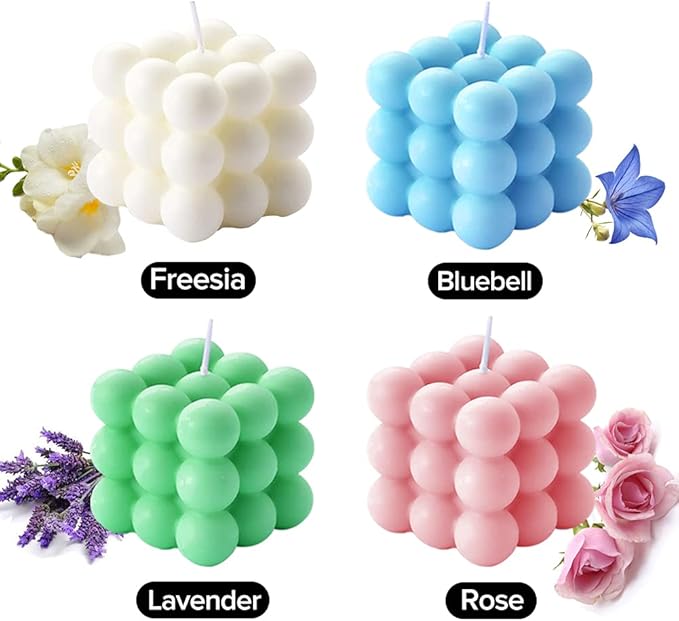 Scented Bubble Cube Candles - Home Decor Aromatherapy Candle, 5.4 oz Soy Wax, Rose (Pink)