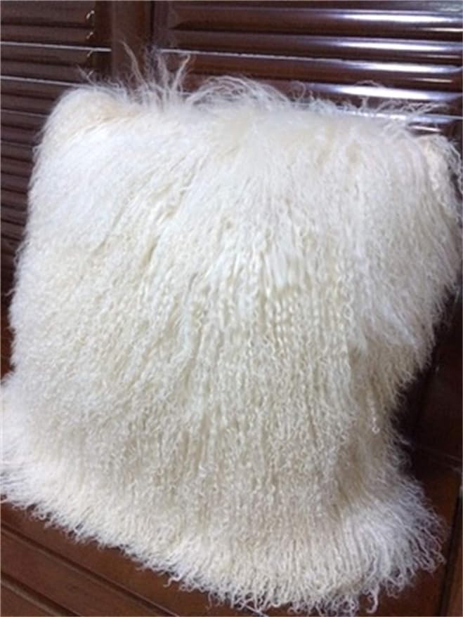 Mongolian Lamb Fur Throw Pillow Cover (16'' x 16'', White) Real Fur Decorative Cushion Cover Pillow Case for Living Room Bedroom