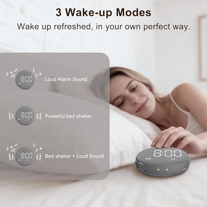 SolaceRise Super Loud Alarm Clock for Heavy Sleepers: Vibrating Digital Auto-Dim Clock with Bed Shaker for Hearing Impaired - Portable Rechargeable Battery for Bedroom Travel Dorm - Gray