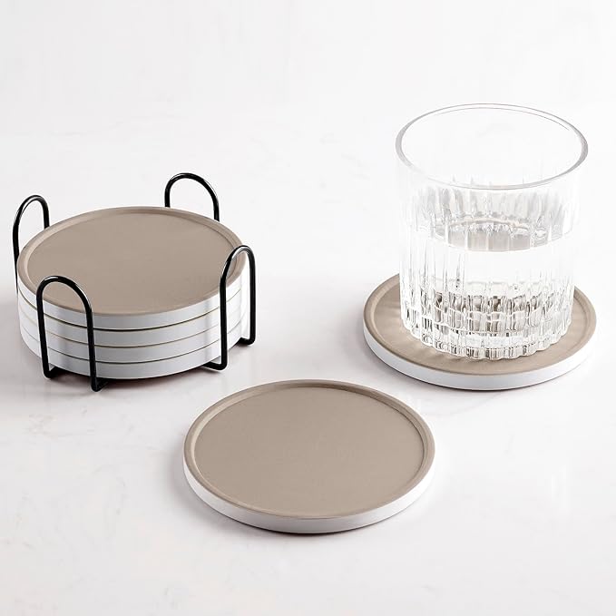 Set of 6 Taupe Coasters with Holder, Absorbent Ceramic Drink Coasters with Cork Backing for Table Protection, Table Decor, Housewarming Gifts