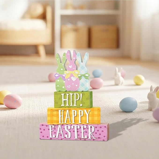 Smile Wooden Easter Decoration Sign, "Hip! Happy Easter" Wooden Block Stack with Bunny Silhouettes, Pastel Tiered Tabletop Decor for Spring & Easter