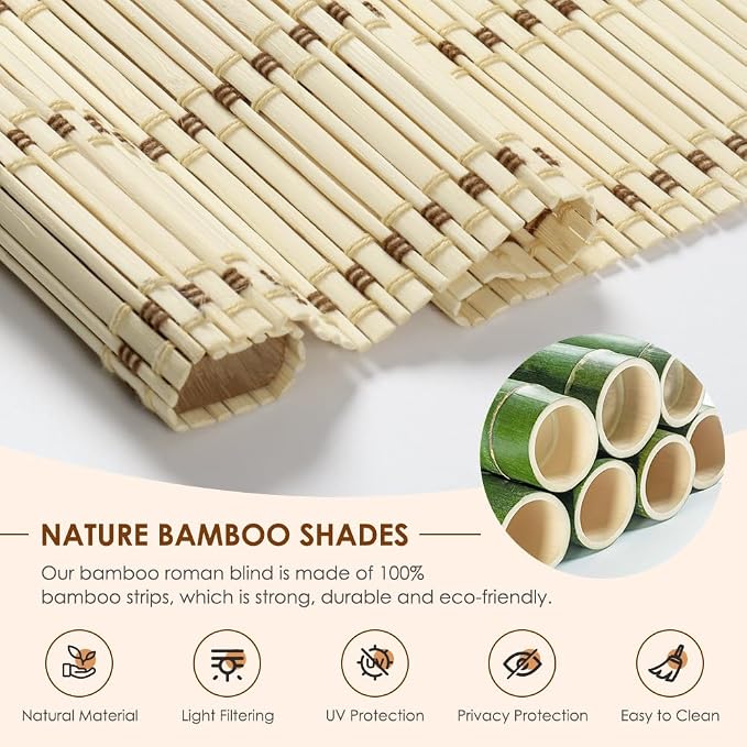 Cordless Bamboo Roman Shades, Light Filtering Bamboo Blinds Shades for Indoor Windows, UV Protection Roll Up Blinds for Home, Office, 20" W x 64" H, Beige