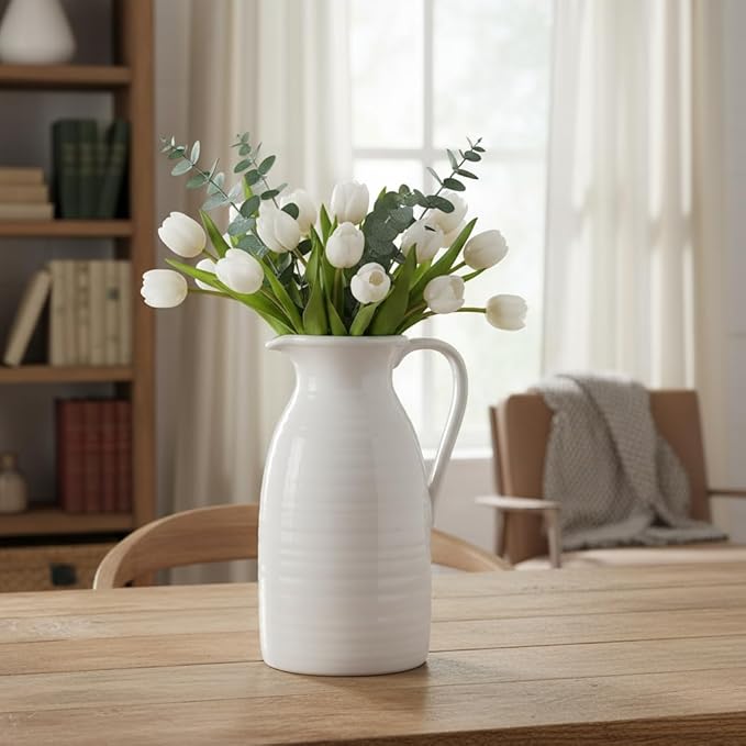 hjn Farmhouse Pitcher Vase for Flowers- Ceramic Pitcher White Flower Vase for Your Kitchen/Home Decor/Office/Living Room/Bookshelf/Mantel/-White