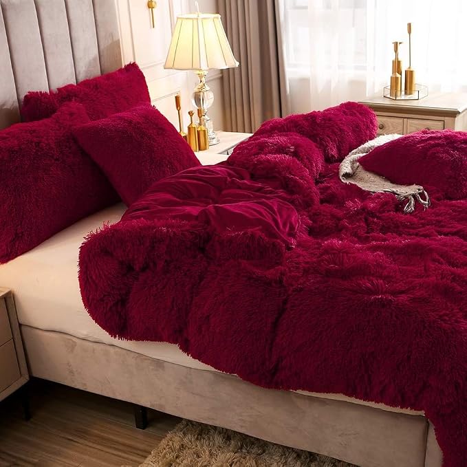 Faux Fur Velvet Fluffy Bedding Duvet Cover Set Down Comforter Quilt Cover with Pillow Sham, Ultra Soft Warm (Burgundy, Twin)