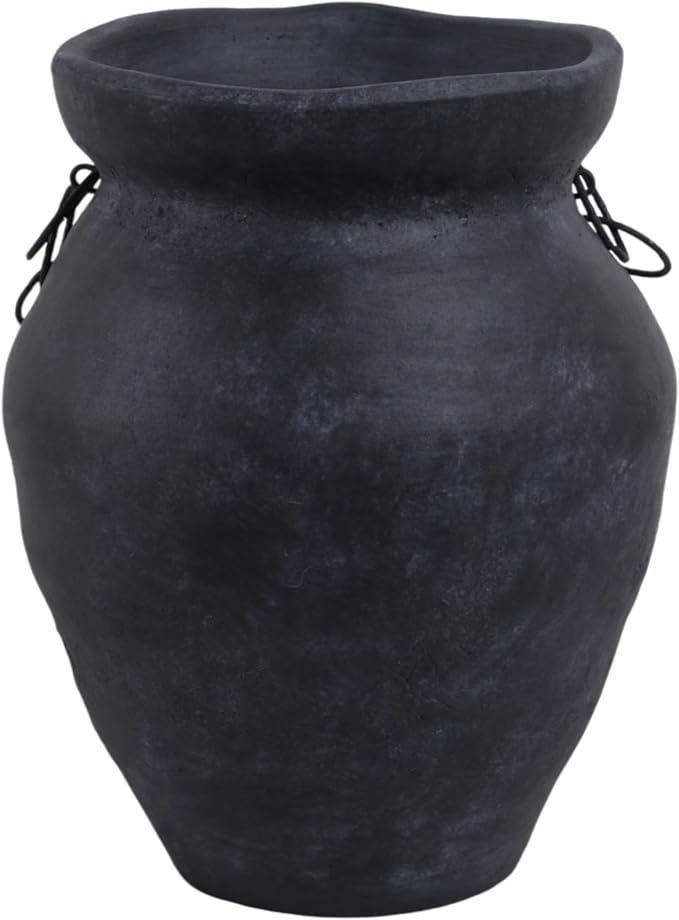 Terracotta Pottery Vase – Decorative Flower Holder for Stems and Greenery, Living Room or Office Tabletop Home Decor, Rustic Metal Chain Accent for Collected, Layered Style – 12", Black