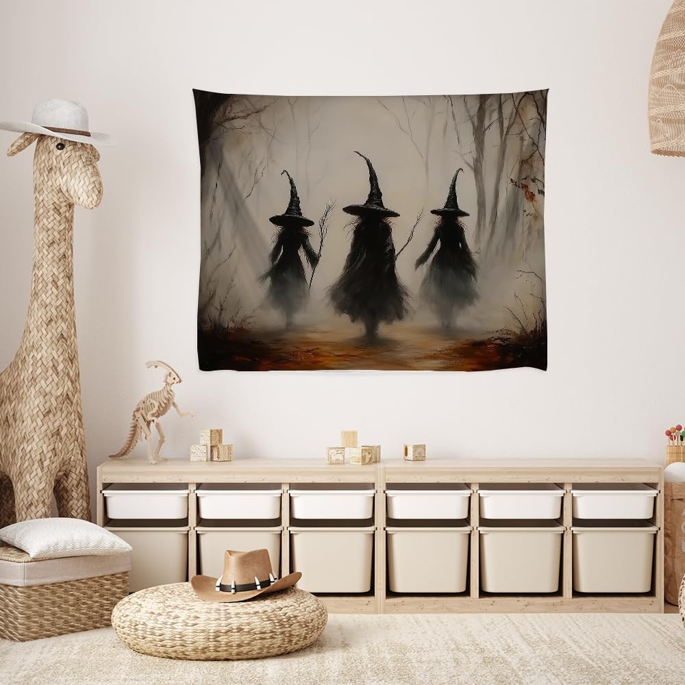 Witchy Halloween Tapestry Wall Hanging Vintage Spooky Witch Room Print Dark Academia Autumn Forest Three Witches Tapestries Decor for Halloween Living Room Bedroom Decoration 70x90inch