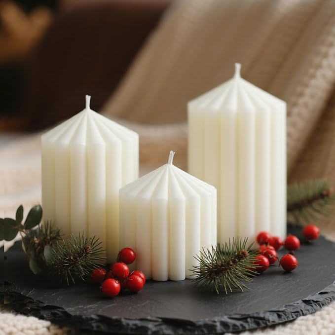 6 Sets Ribbed Pillar Candles 2.8, 4.2, 5.1 Inches Heights Romantic White Soy Wax Scented Ribbed Candles for Home Decoration Birthday Gift