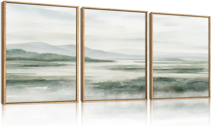 HOURIA Large Watercolor Misty Green Mountain Framed Canvas Wall Art,Neutral Brush Stroke Wall Decor,Modern Landscape Artwork,Nature Minimalist Art Print for Living Room,Bedroom,Office-12 x16 x3