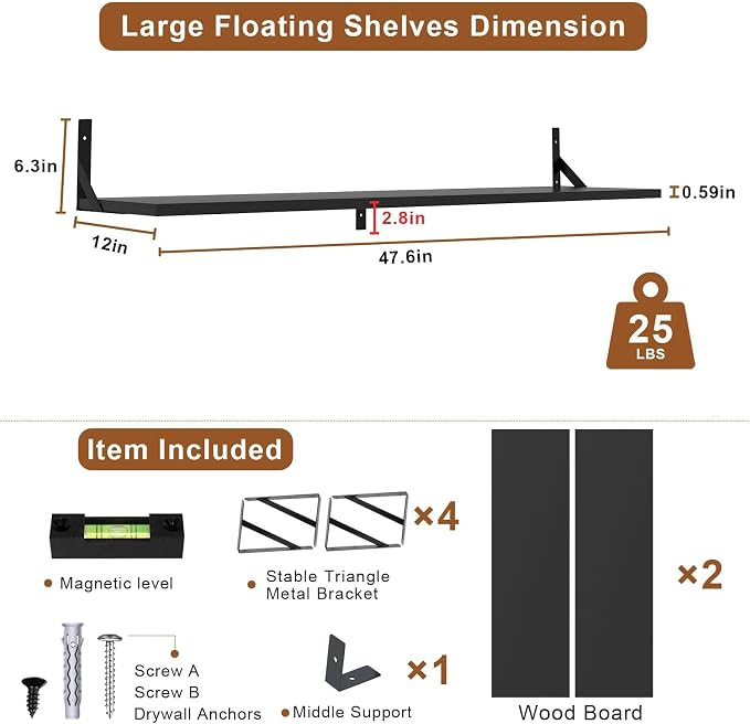 Long Wall Shelves, 48" W x 12" D Large Floating Shelves Set of 2, Wide Display Wood Shelf Wall Mounted with Heavy-Duty Metal Brackets for Bedroom Books, Living Room, Kitchen, Black
