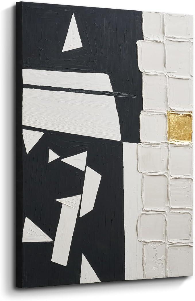Modern Black & White Abstract 3D Textured Canvas Wall Art with Gold Leaf | Minimalist Geometric Hand-Painted Oil Painting Artwork, Large Original Wall Decor for Living Room Bedroom Office 24x36 Inch