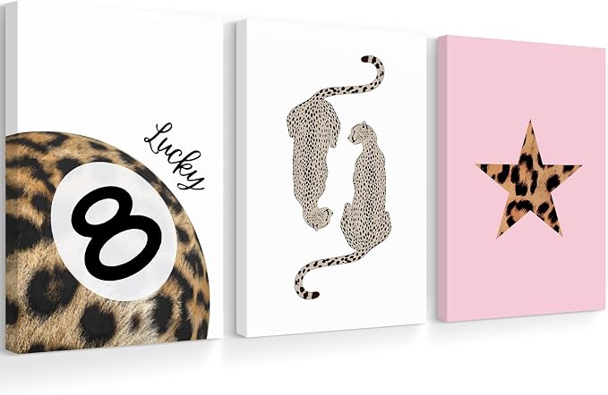 Leopard Wall Art Cheetah Canvas Prints Lucky 8 Ball Wall Decor Fashion Leopard Poster Aesthetic Pictures Trendy Cheetah Painting Preppy Artwork for Living Room Bedroom 16x24x3 Inch Ready to Hang