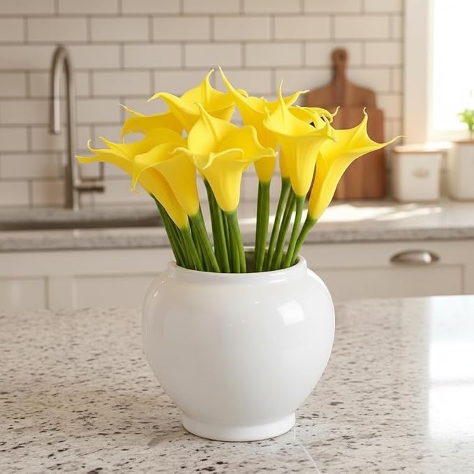 Floral Kingdom 20 Pack Artificial Calla Lily Flowers 14 Inch Yellow - Real Touch Latex Flowers for Home Decor, Kitchen Counters, Breakfast Nooks & Weddings