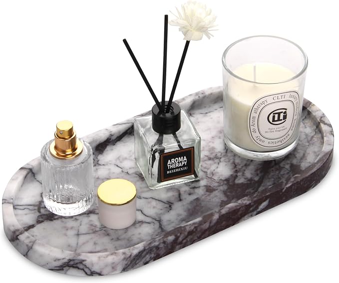 Oval Marble Bathroom Vanity Tray, Natural Luxury Marble Home Kitchen Bathroom Table Tray, Stone Decorative Countertop Tray for Coffee Perfume Jewelry (Lilac, 12" x 6" x 0.8")