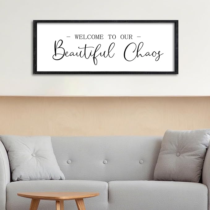 Surfapans Welcome To Our Beautiful Chaos Living Room Sign Wall Decor 32"×12" Rustic Large Family Wooden Plaque for Home Entryway Wall Hanging Art (Black)
