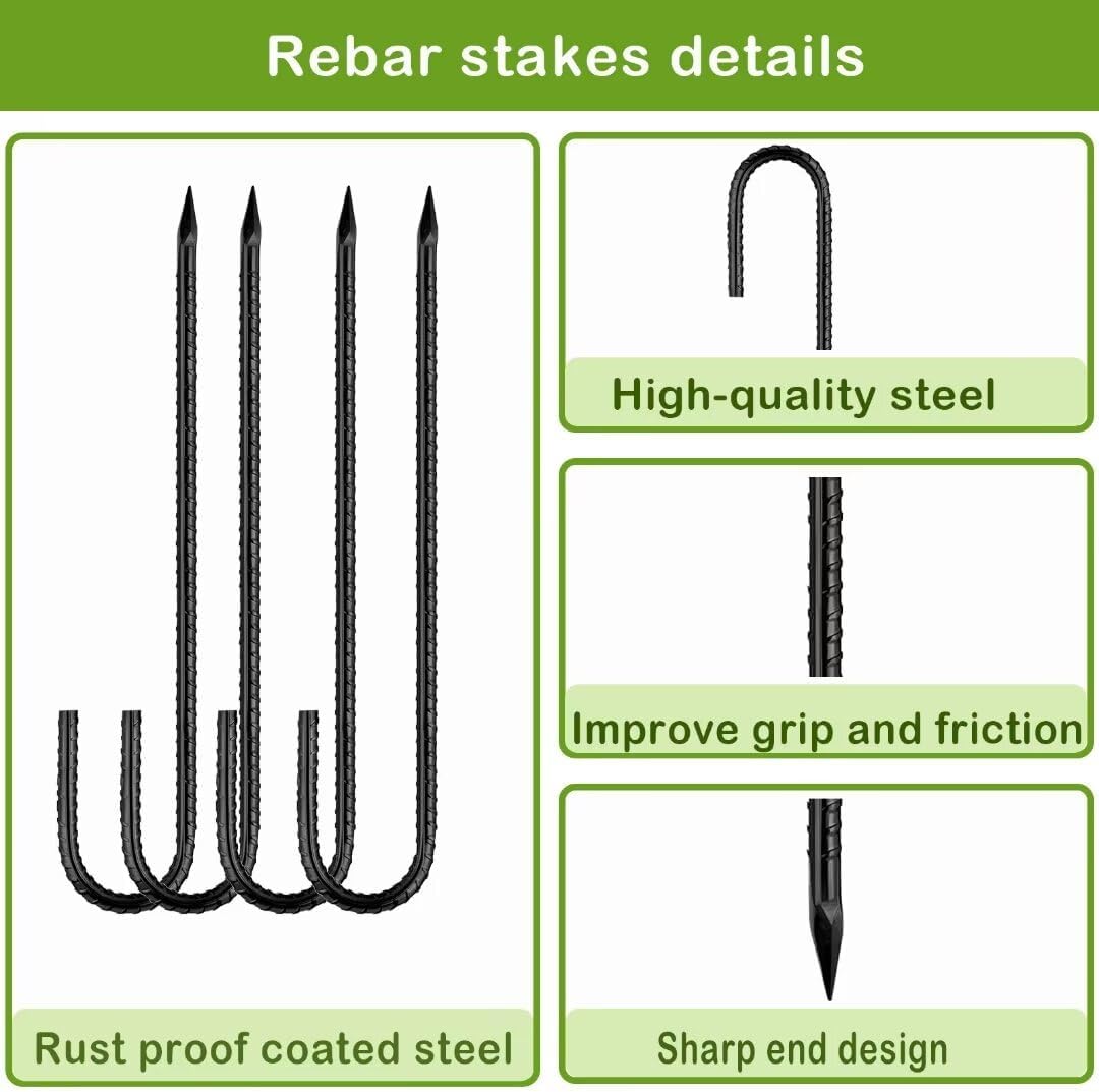Rebar-Stakes-12-Inch, Ground Stakes Heavy Duty J-Hook Black Coated Anti-Rust Heavy Duty Ground Anchors for Garden Dog Fence Chicken Coop Christmas Decorations Deer Fence 4pcs
