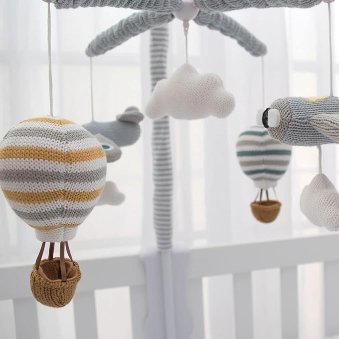 Baby Crib Mobile for Boys - Up Up and Away - Premiun Musical Nursery Decor, Sky Hot Air Balloon, Clouds & Planes, Calming Music Soother with 12 Lullabies - Essential & Perfect Gift by Living Textiles