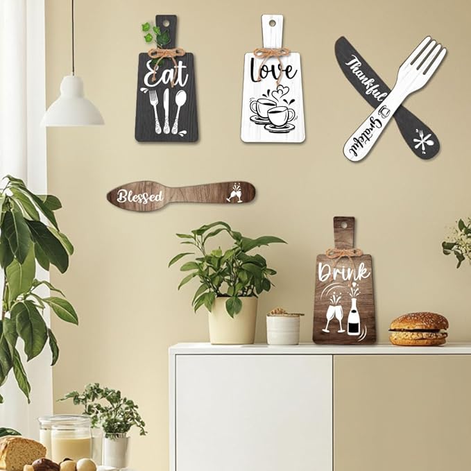 PH PandaHall 6pcs Kitchen Wall Decor Start Drink Sign Set Wood Pendant Accessories Mini Wood Plaque Fork and Spoon Shape Decorations Rustic Style Home Dector Black Brown White 11x5.5 inch/11.8x2 inch