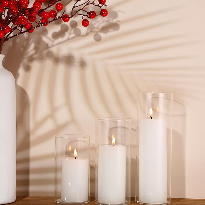 Shihanee Set of 6 Pillar Candles with Glass Cylinder Vases Clear Cylinder Hurricane Candleholders for Slim Tall Pillar Candles Wedding Table Centerpieces(2.6'' X 4.7'', 5.9'', 7.9'',White)