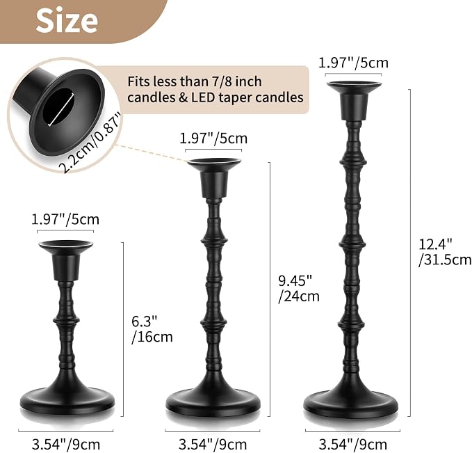 NUPTIO Candle Stick Holders for Centerpeice: Set of 6 Matte Black Taper Candlestick Holders - Bulk Antique Tall Candleholder for Easter Shabbat Table Fireplace Decor
