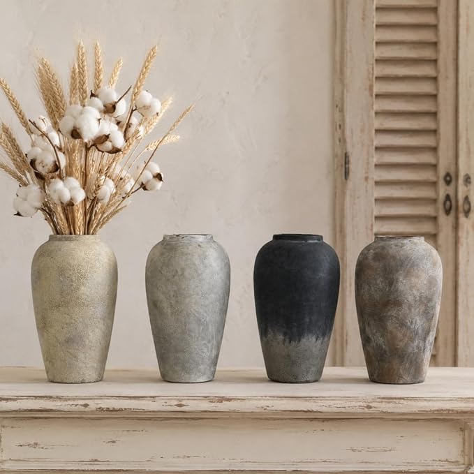 12 Inch Ceramic Rustic Farmhouse Vase, Handmade Pottery Flower Vases for Home Decor, Brown Ceramic Vase for Living Room, Table Centerpieces & Shelf Decor, Wedding Gifts