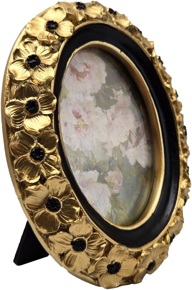 SYLVIA'S SHOP 2.5x3.5 Small Vintage Oval Picture Frame, Mini Antique Gold Ornate Photo Frame, for Tabletop and Wall Display, Decorative Floral Design Retro Home Decor, Photo Gallery Art