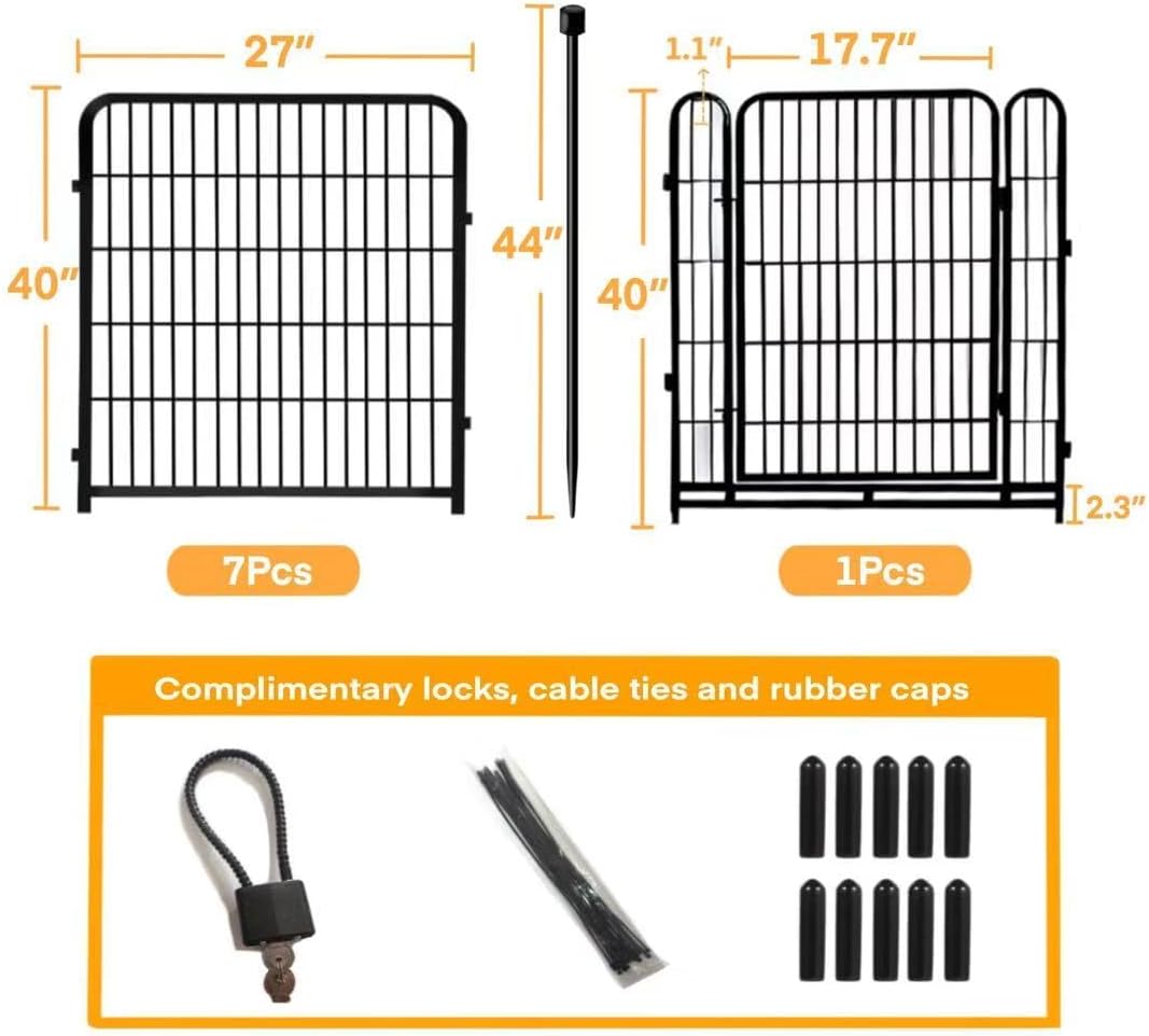 Garden Fencing 40 inch High, 8 Panels Total 17.7 Ft(L), Gate 17.7 Inches Wide with Low Sills, Dog Fence Outdoor for Yard. Rabbit Fence for Garden, Large Dog Pen, Border Fencing for Flower Beds