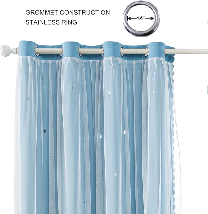 FANLI 2 Panels Star Blackout Curtains for Kid Girls Bedroom Living Room Darking Stripe Double Layer Star Cut Out Wall Home Decor Gradient Grommet Window Curtains (Blue 84L)