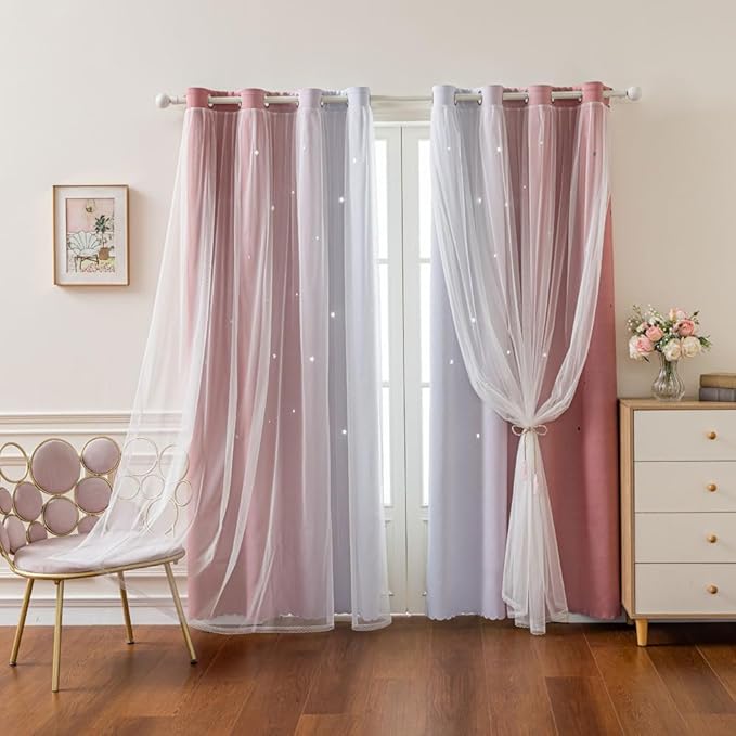 FANLI 63 Inch Length Star Cut Out Blackout Pink Curtains for Kid Girls Bedroom Ombre Rainbow Gradient Darking Double Layer with Sheer Overlay Decor (Pink White 63)