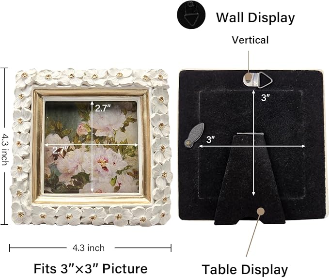 SYLVIA'S SHOP 3x3 Small Vintage Picture Frame, Mini Antique White Ornate Square Photo Frame, for Tabletop and Wall Display, Decorative Floral Design Retro Home Decor, Photo Gallery Art