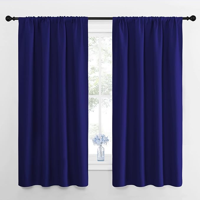 NICETOWN Kitchen Curtains, Short Blackout Drapes, Navy Blue, 34 in x 45 in (W x L), Set of 2, Thermal Insulated Rod Pocket Window Treatment Draperies for Nursery