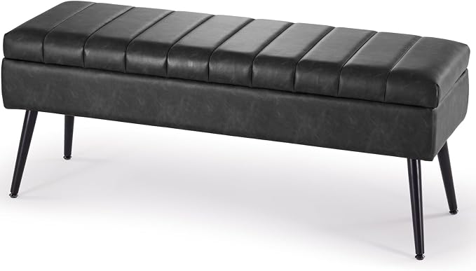 Storage Ottoman Bench, 43.5" Faux Leather Upholstered Entryway Bench, Long Ottoman with Storage for Living Room, Support 660lbs - Black
