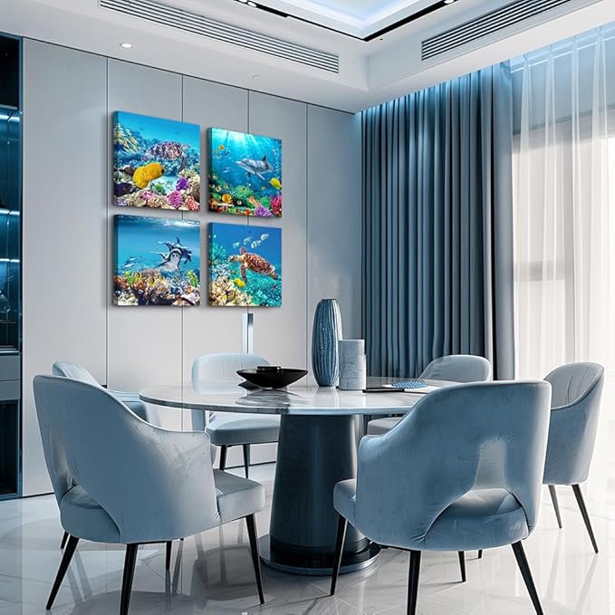 Canvas Wall Art for Living Room- family Bedroom Canvas Pictures Artwork Bathroom Wall Decor- 4 Panels Coral and Sea Fish and Turtles Ocean Theme Stretched and Framed Ready to Hang Modern Home Decor