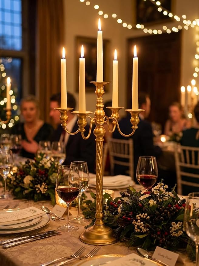 Romadedi Gold 5-Arm Candelabra for Taper Candles, 21 in, Pack of 2 | Metal Candlestick Holders with Curved Branches for Wedding Centerpiece, Reception, Dining Table, and Christmas Decor.