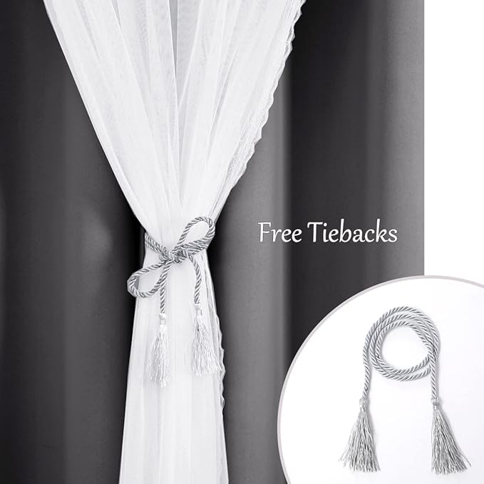 Dark Grey Blackout Curtains 96 Inch Length with White Sheer Voile - Double Layered Mix and Match Nursery Grommet Curtains for Living Room,52 by 96 in, 2 Pieces