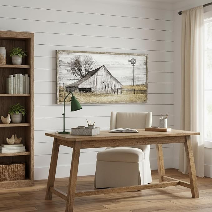 Farmhouse Framed Wall Art Picture: Rustic Barn Farm Wood Artwork Decor Large Country Landscape Windmill Print Horizontal Panoramic Countryside Rural Nature Scene Painting for Living Room Bedroom