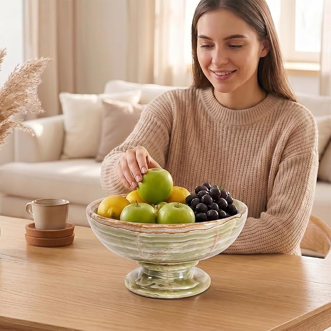 Radicaln Marble Fruit Bowl For Kitchen Counter 10" Inches Green Handmade Key Bowl For Dining Table Centerpiece Décor, Ideal Candy Dish, Serving and Decorative Bowl, Marble Pedestal Bowl