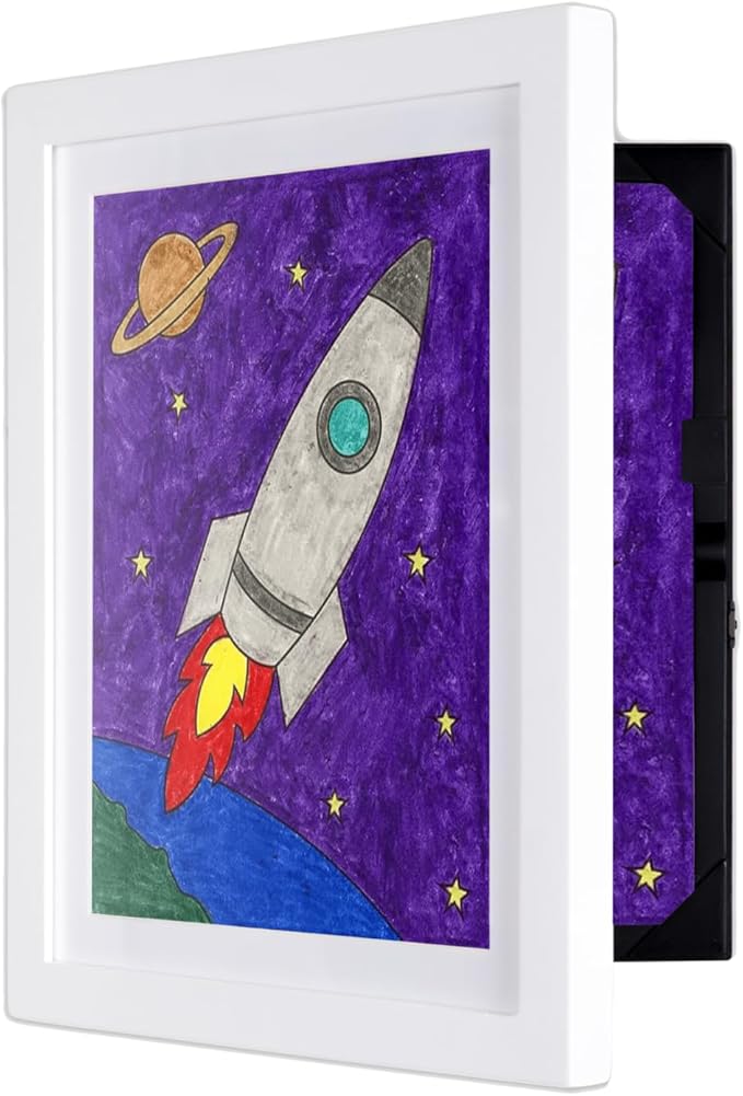 Dynamic Frames Li’l Davinci Art Cabinet, Stores up to 50 Pieces of 9x12 inch Art, Outer Wooden Frame Dimensions 11.75 x 14.75 inches, Kids Art Frame, Front Opening, Universal Hanging, White